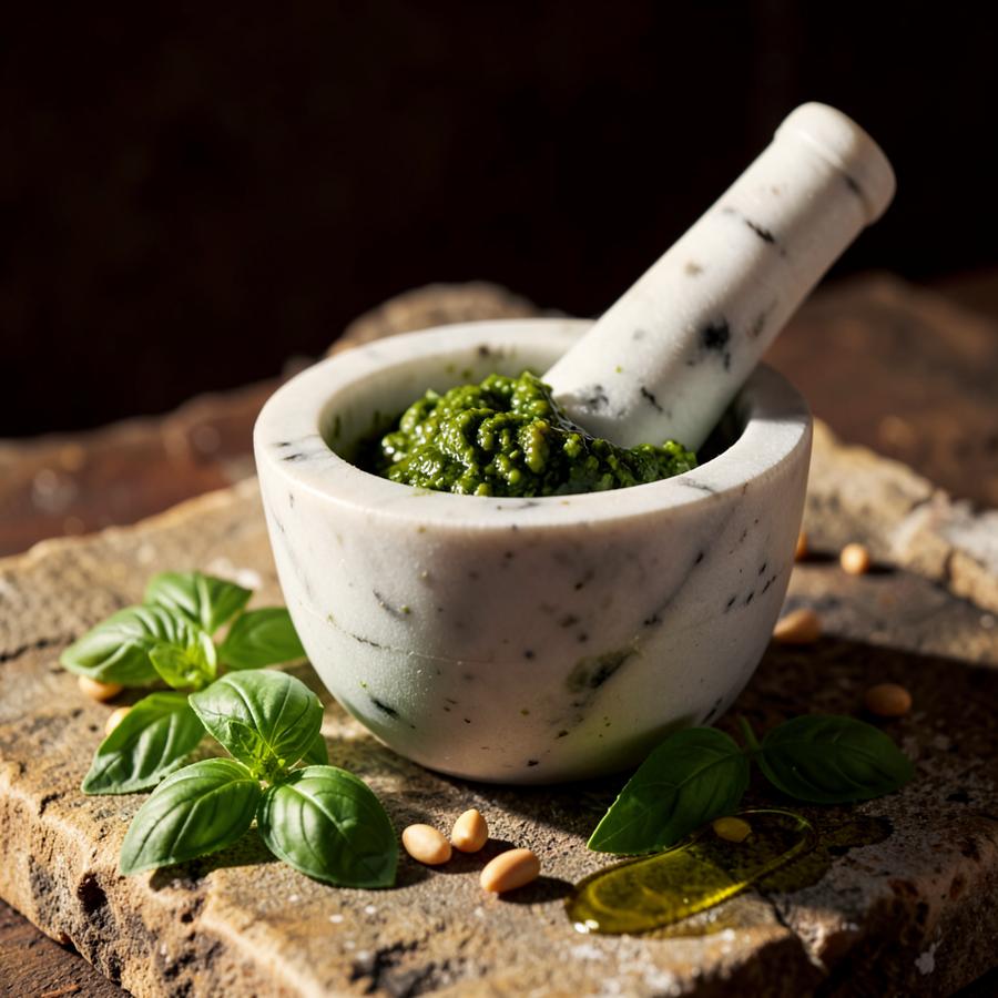 Pesto fresco pestato nel mortaio di marmo con basilico e pinoli