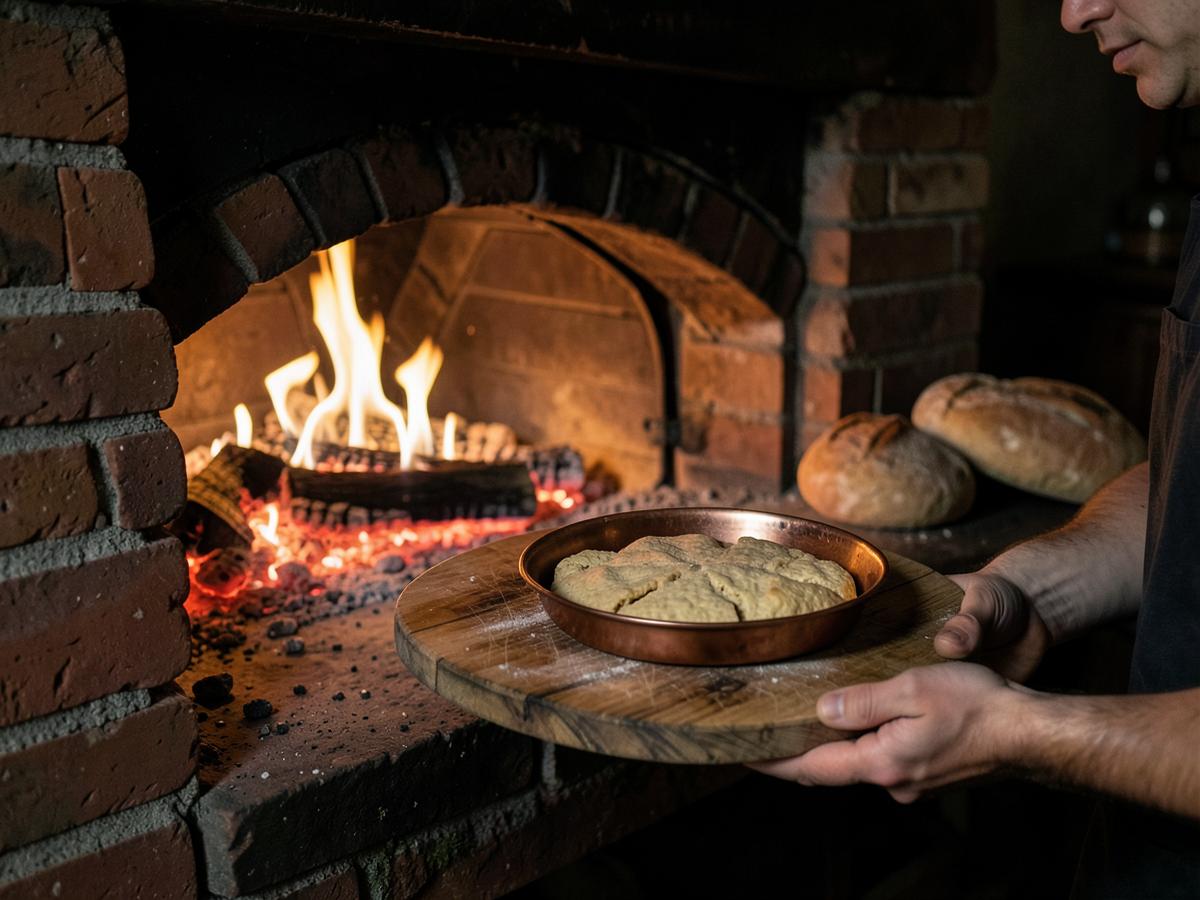 Il forno a legna con il pane e la farinata